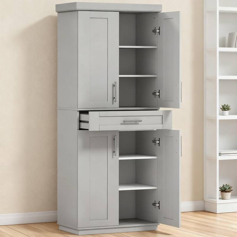Freestanding Wood Buffet with Hutch, 4 Door Pantry Storage Cabinet, Microwave Stand with Drawer and Adjustable Shelves - Gray