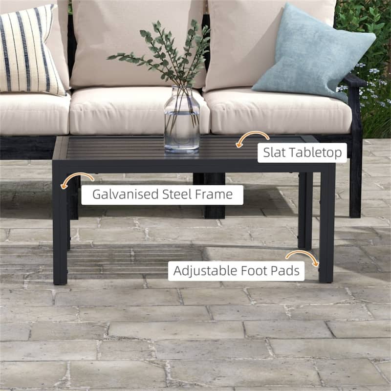40” Black Weather Resistant Galvanized Steel Slatted Outdoor Patio Coffee Table for Terrace or Garden Use