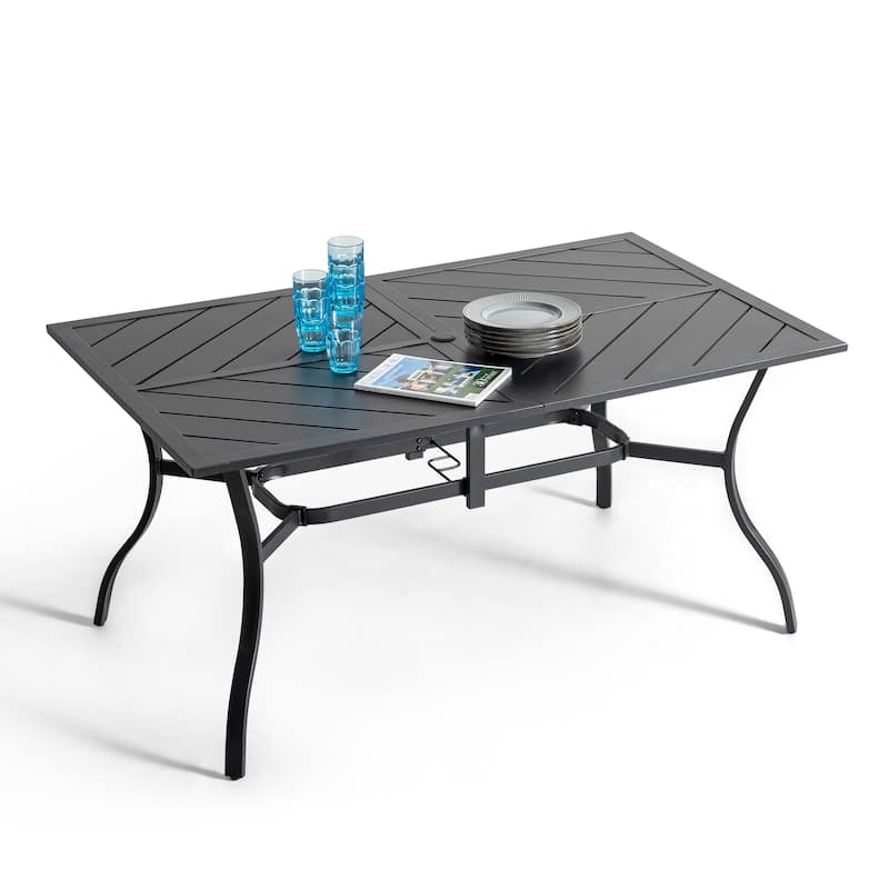 7PCS Metal Rectangle Patio Dining Set with Umbrella Hole, Stackable Design