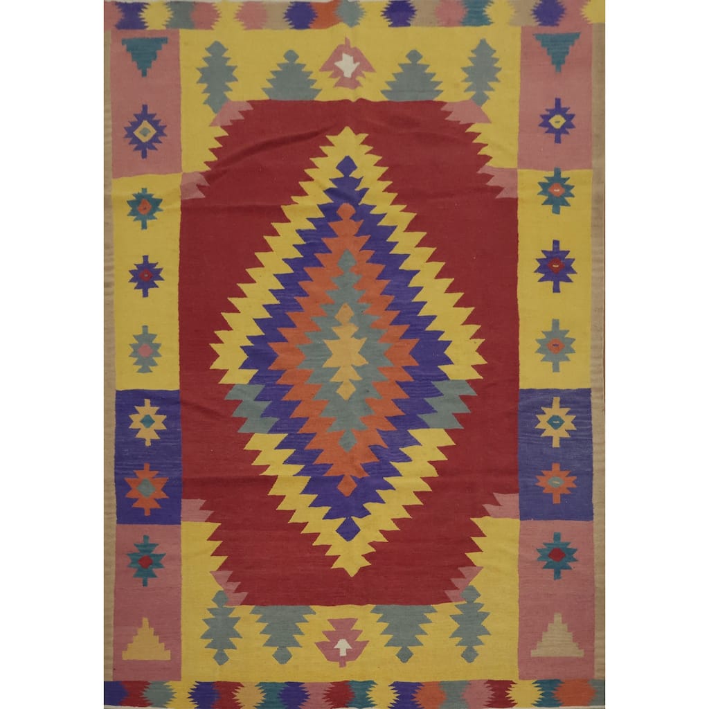 Hand Woven Oriental 100% Wool Carpet Southwestern Tribal Multi-Colored Kilim Area Rug - 9' 9'' X 7' 10''
