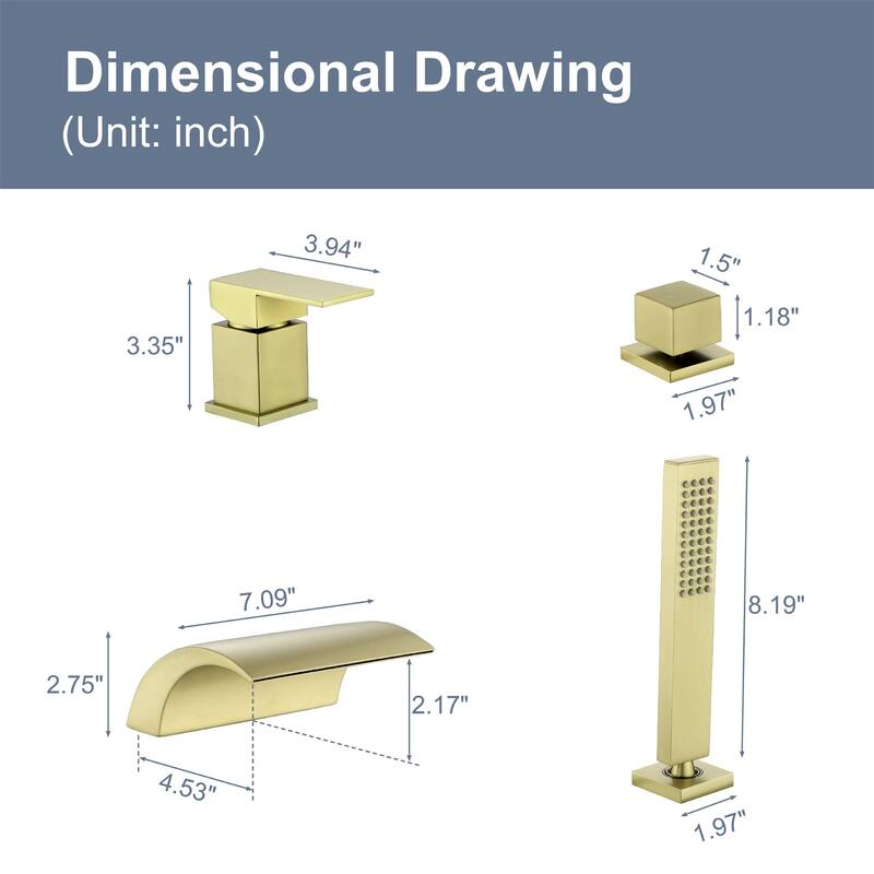 Deck Mounted Four Holes Tub Faucet Waterfall Modern Bath Tub Faucet with Handheld Shower Tub Fillers with Pressure Balance Valve