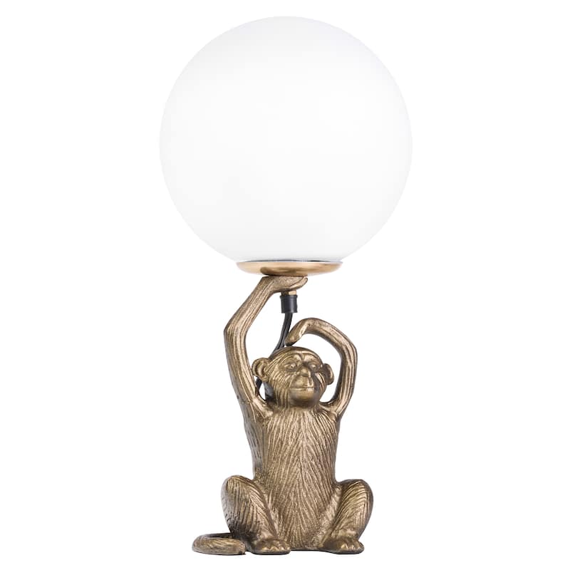 River of Goods Gold Metal and Glass Globe Shade 17-Inch Monkey Table Lamp - 8" x 8" x 17" - 8" x 8" x 17" - Gold/White
