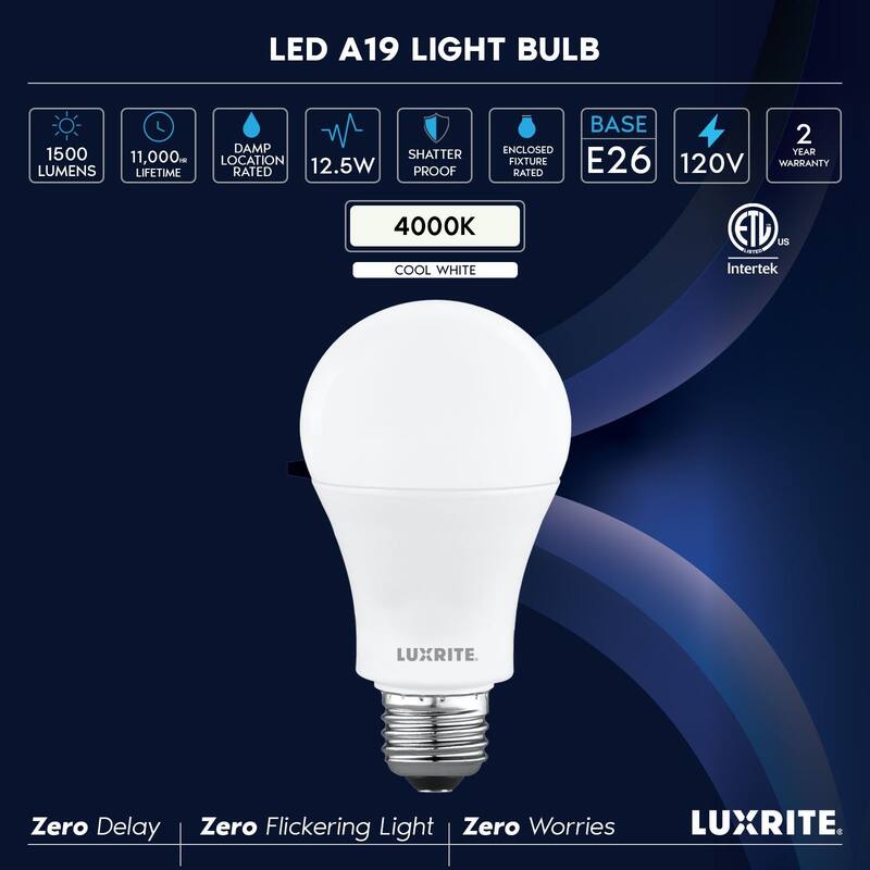 Luxrite A19 LED Light Bulb 12.5W=100W 4000K 1500LM Non-Dimmable E26 Damp Rated ETL Listed 48 Pack - Cool White