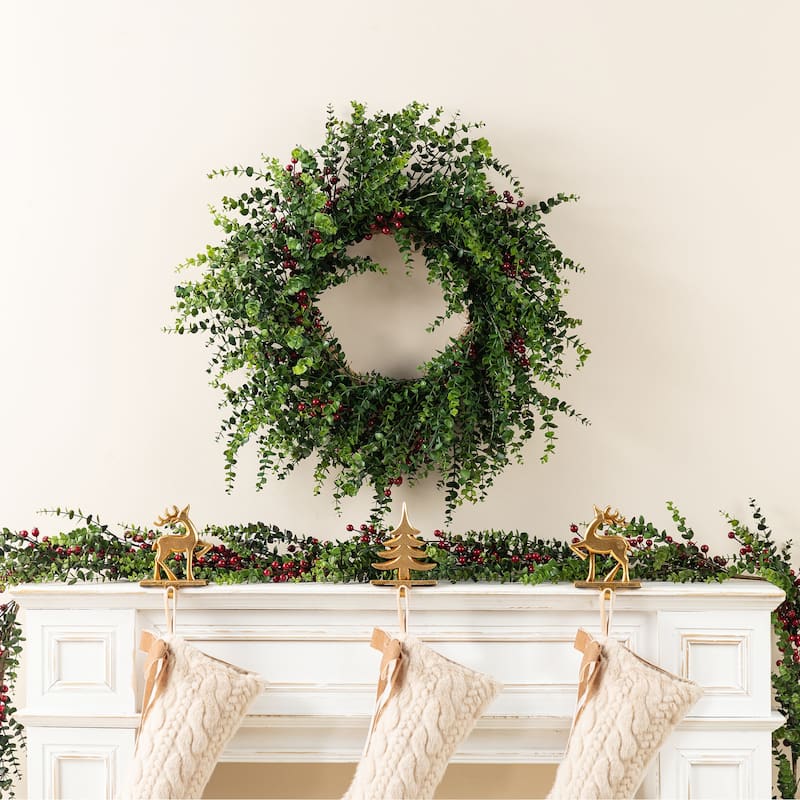 Glitzhome 9ft/6ft Christmas Greenery PE Dripping Eucalyptus Garland & 28"D Wreath with Red Berries