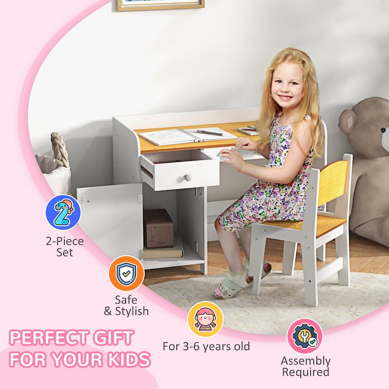 Qaba Kids Desk and Chair Set with Storage Drawer, Study Desk with Chair for Children for Arts & Crafts, White