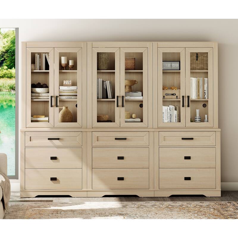 3 Tier Bookcase with Drawer,73.3" Tall Floor Standing Bookshelf - 94.5" - Beige