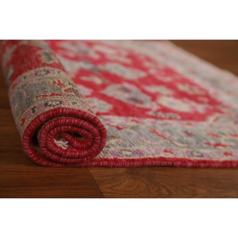 Red Geometric Oushak Turkish Oriental Rug Hand-knotted Wool Carpet - 3'0" x 3'9"