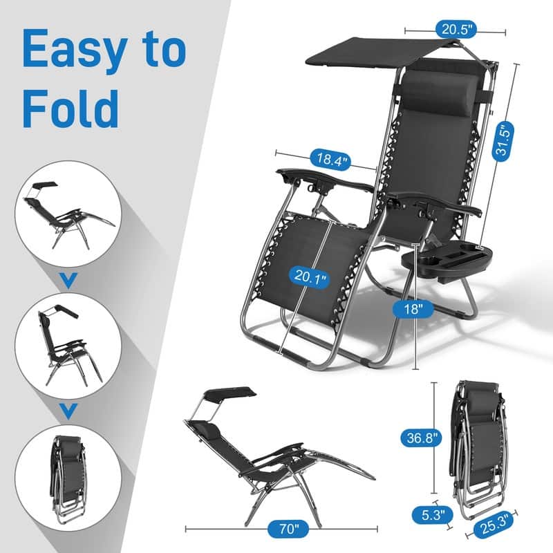 Patio Single Zero Gravity Folding Lounge Recliner Chair with Canopy and Cup Holder