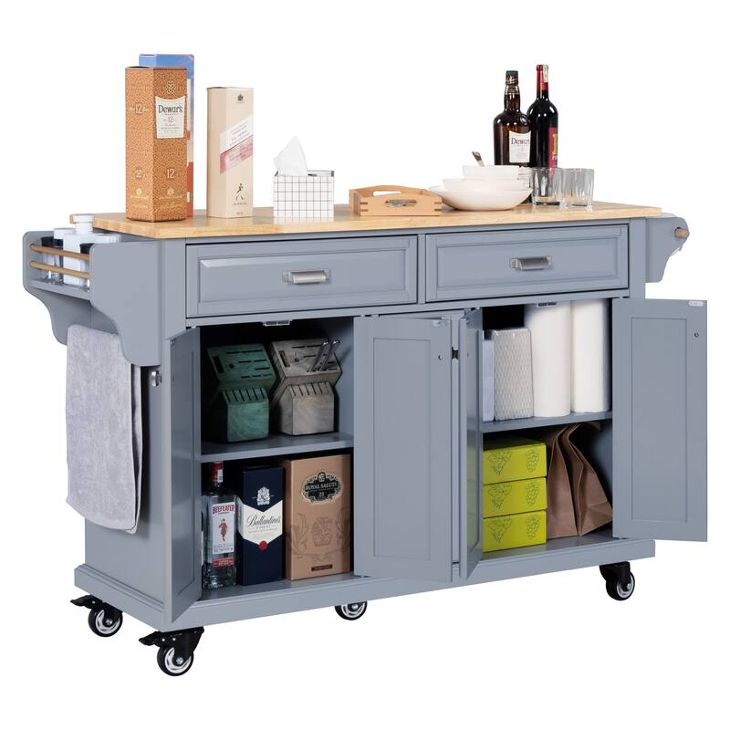 Kitchen Island with Rubber wood Countertop, Kitchen Cart on 5 Wheels with Storage Cabinet and 2 Top Drawers