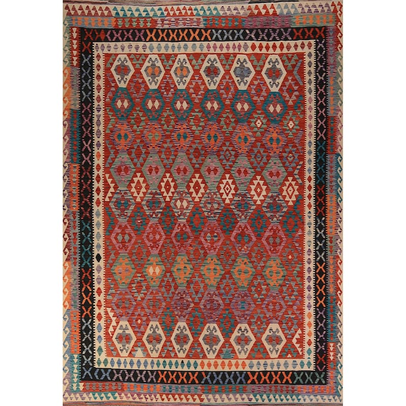 South Western Kilim Area Rug Hand-Woven Wool Carpet - 9'8" x 13'3"
