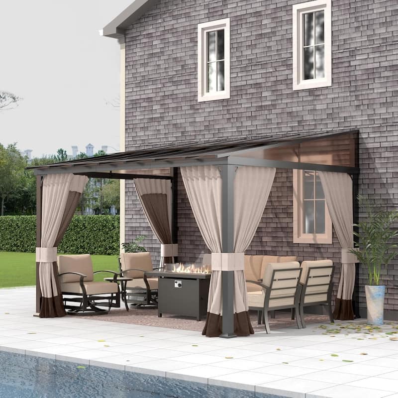 Wall Mounted Gazebo, Hardtop Permanent Outdoor Shade Canopy with Curtains for Deck, Backyard, Patio