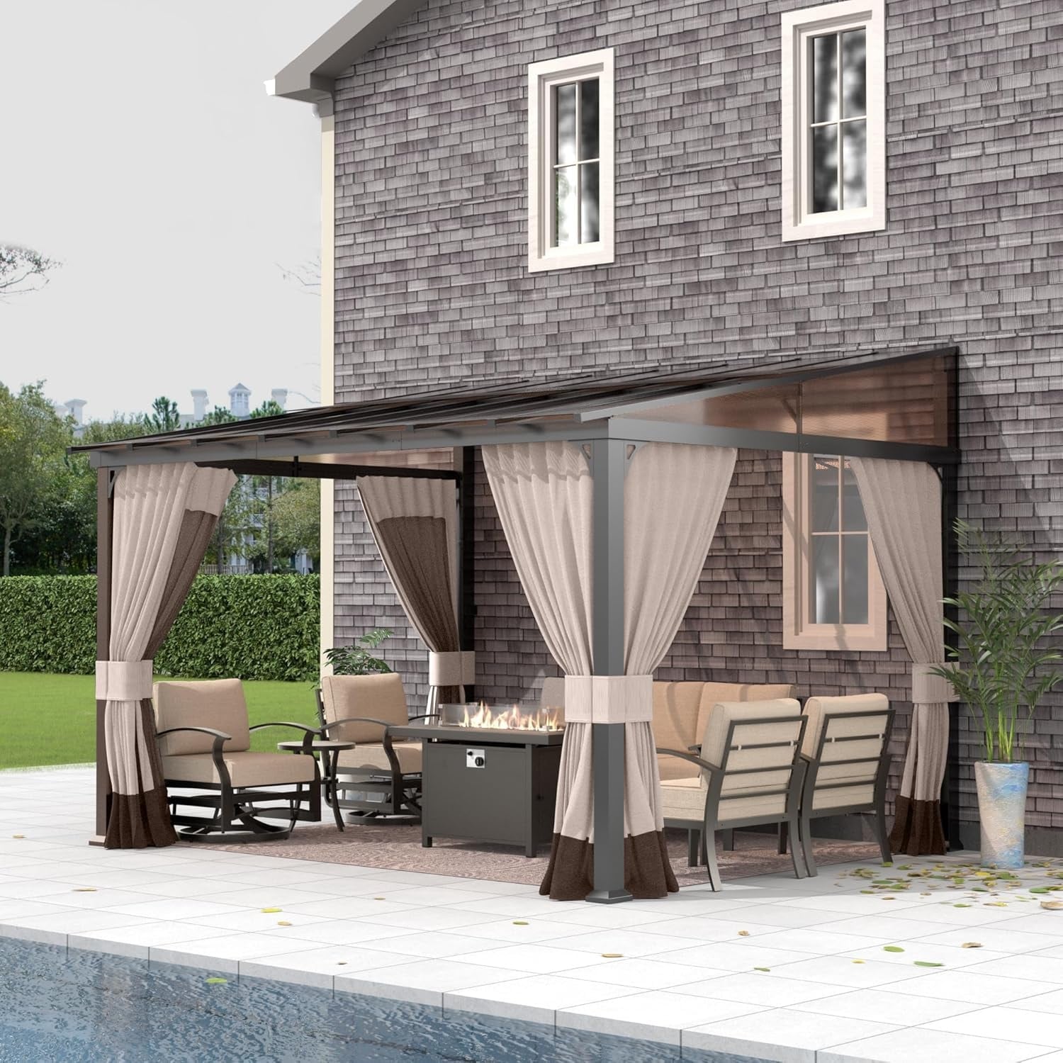 Wall Mounted Gazebo, Hardtop Permanent Outdoor Shade Canopy with Curtains for Deck, Backyard, Patio