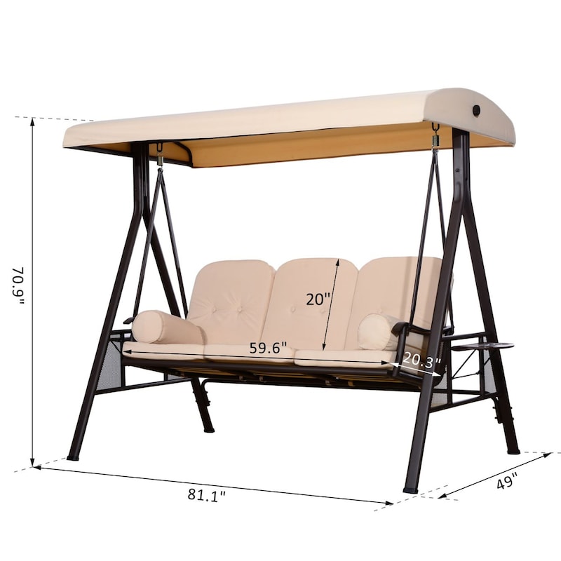 Outsunny Outdoor Patio 3-Person Canopy Cushioned Seat Bench Swing with Included Side Trays & Padded Comfort