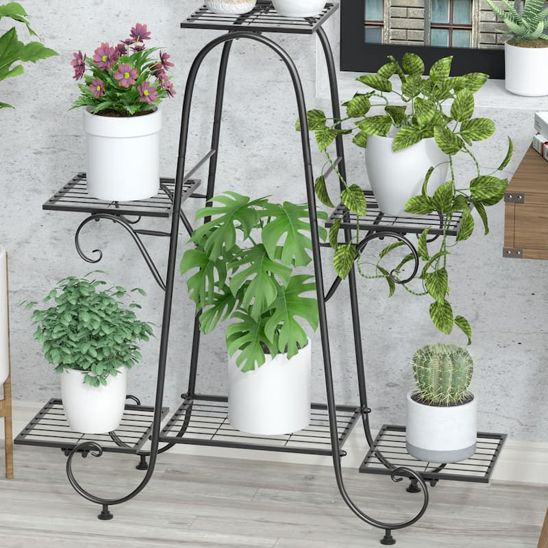 6 Tiers Multilayer Metal Plant Stand Flower Pots Display Holder Garden Balcony - 32'' - 32'' - Black