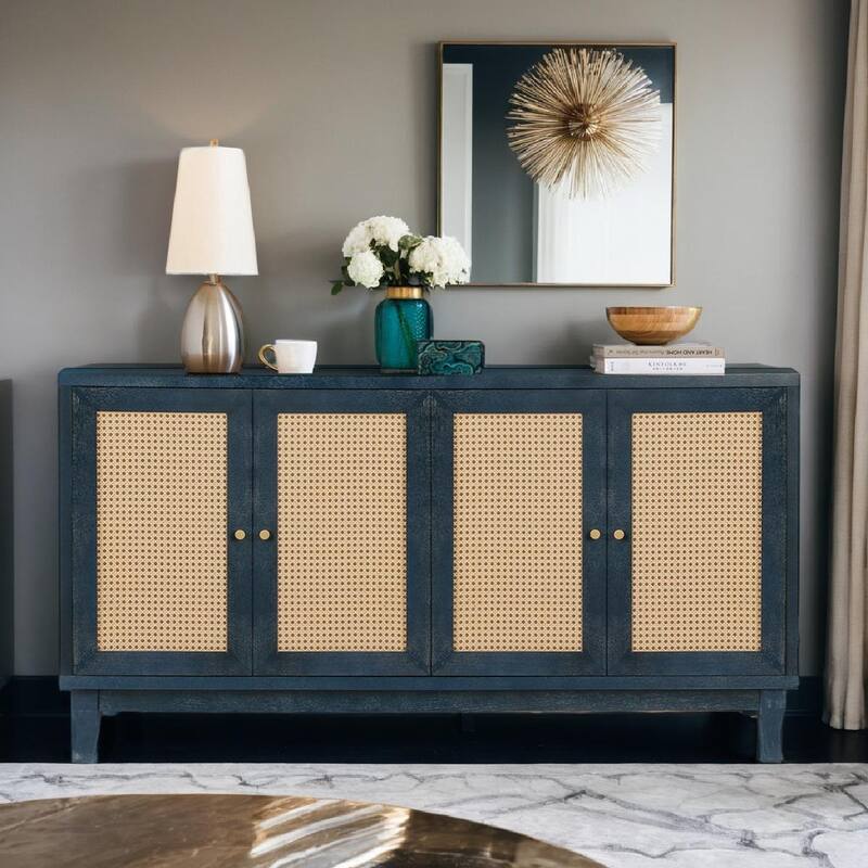 Handcrafted Premium Grain Panels,Rattan Sideboard Buffer Cabinet,Accent Storage Cabinet With 4 Rattan Doors - Antique Navy Blue