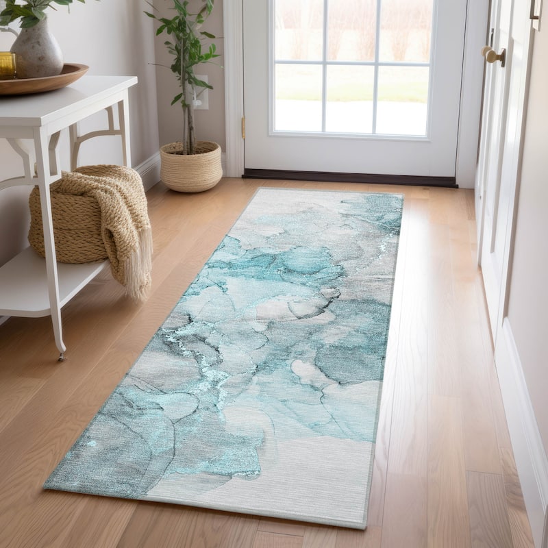 Machine Washable Indoor/ Outdoor Abstract Chantille Rug - Teal - 2'3" x 7'6"