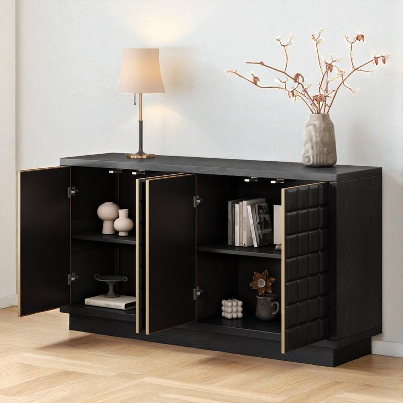 Modern 4-Door Storage Cabinet with 3D Geometric Doors, Wood Veneer & Metal Trim, Adjustable Shelves.