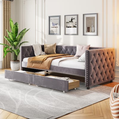 Twin Velvet Daybed with Drawers and Copper Nail Arms