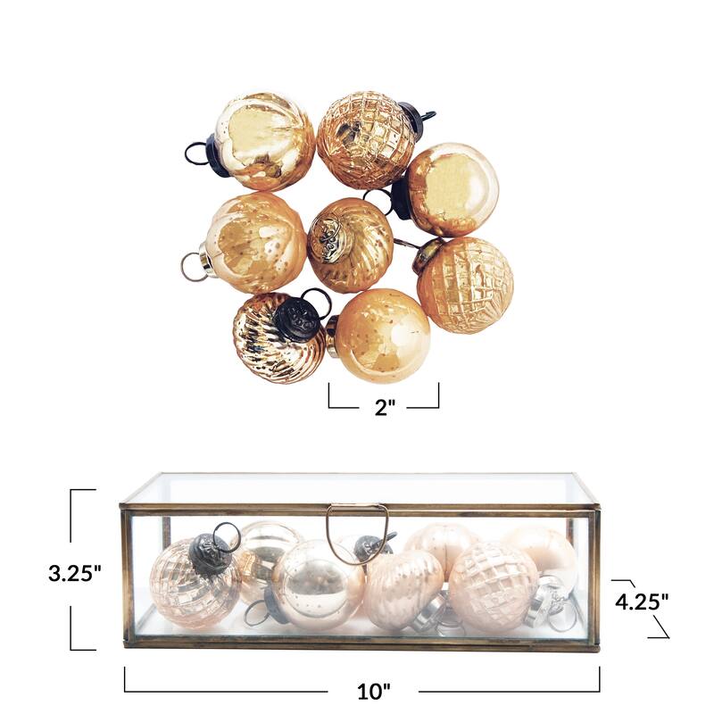 Embossed Mercury Glass Ornaments in Brass and Glass Display Box - 2.0"L x 2.0"W x 2.0"H