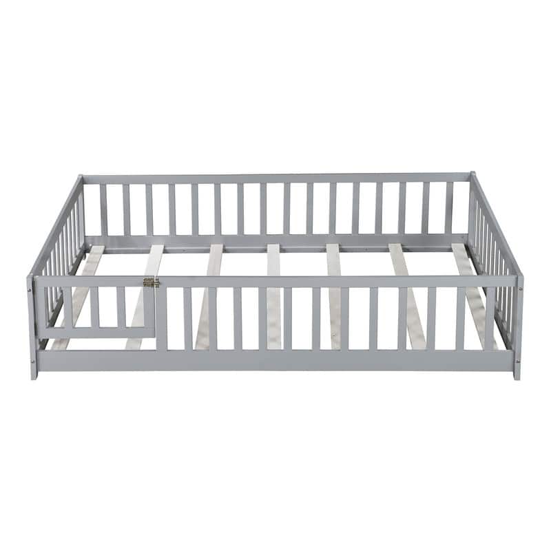 Full Size Rubber Wood Floor Bed with Fence and Door, Safety Guardrails