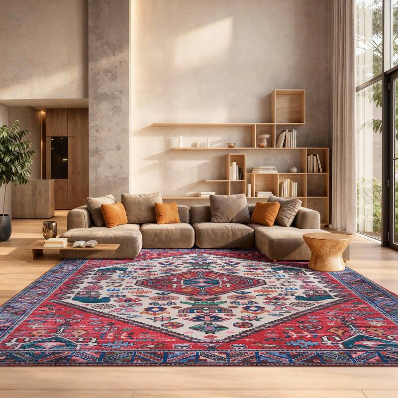 SAFAVIEH Tucson Machine Washable Slip Resistant Eilish Boho Oriental - 8' x 10' - Beige/Rust - Rectangle