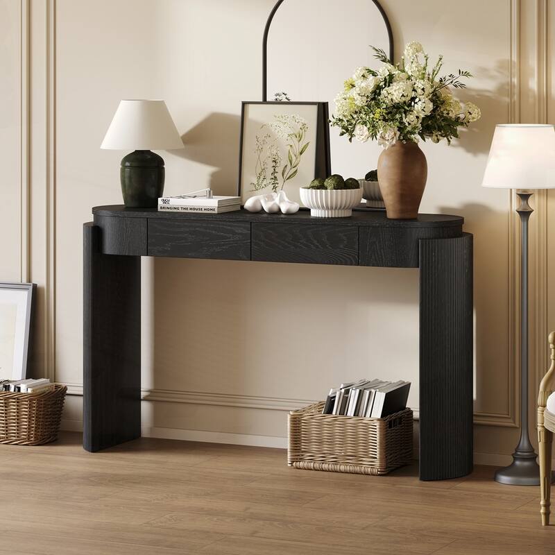 Oval Top and 2 Drawers Entryway Table with Natural Wood Grain Finish