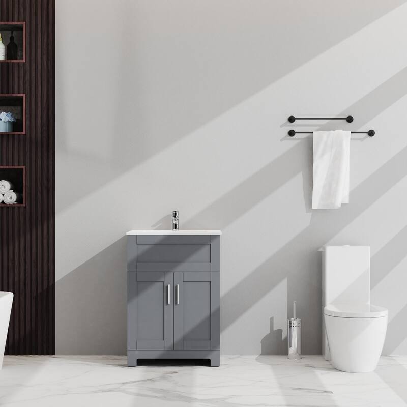 Gray MDF Modern Bathroom Vanity with Drop-in Sink, 2-Door Storage, Soft-Close Hinges, Eco-Friendly Melamine Finish - 24in L MDF