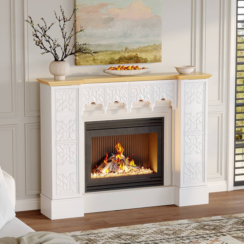 Solid Pine Wood Fireplace Mantel Cabinet with Hidden Storage – White Decorative Console