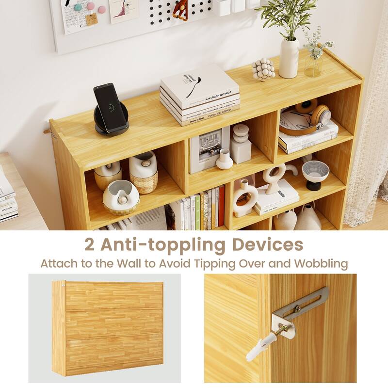 Freestanding 3-Tier Bookcase with 8 Open Cubes and Sturdy Screw Construction and Floor Protection