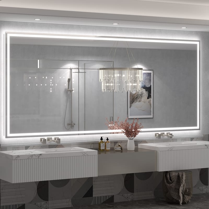 Large LED Bathroom mirror Tempered Glass Dimmable Anti-Fog Vanity Mirror - 110x48