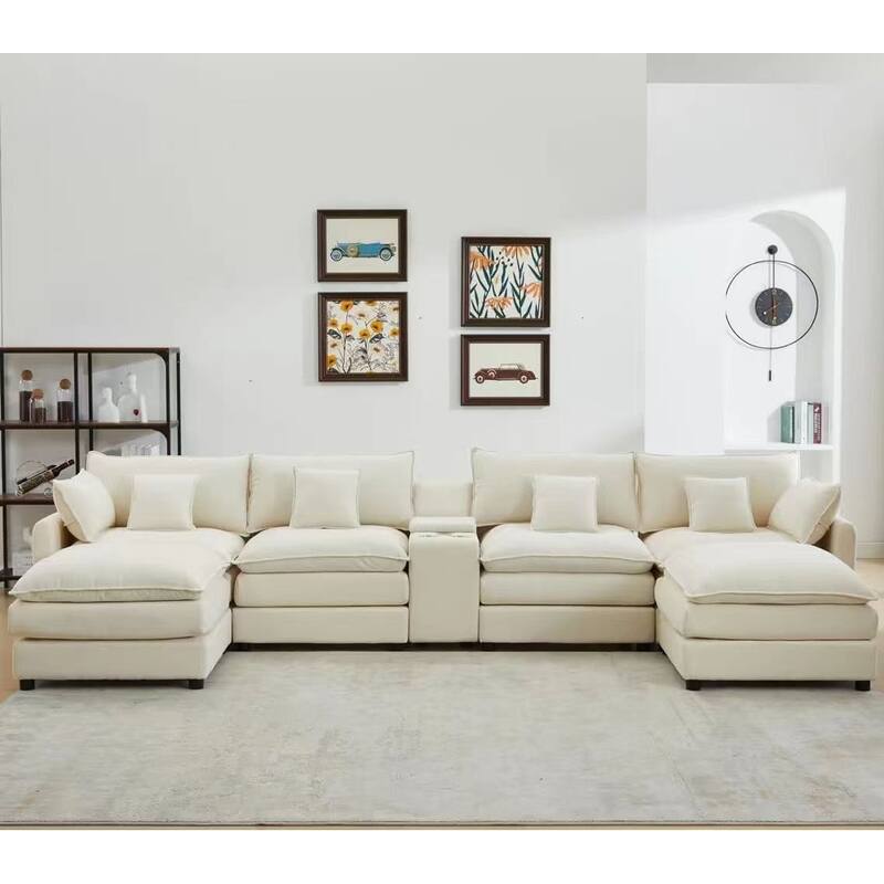 Oversized Modular Sectional Sofa U Shaped Couch Modern 6 Seat Sofa Set with Console, Movable Ottomans, Cup Holders, USB Ports