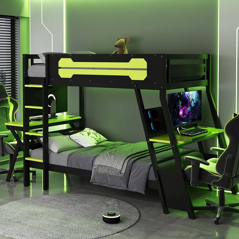 Roomfitters Twin Bunk Bed with Two Built-In Gaming Desks, USB Ports and Pegboard