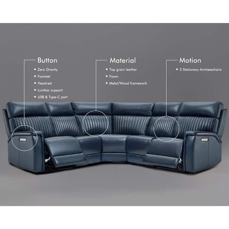 105" W Genuine Leather Power Reclining Sectional and Recliner Sofa Set with USB&USB-C Port, 2 Stationary Armlesschairs