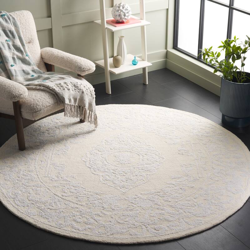 SAFAVIEH Handmade Abstract Mithilesh Medallion Wool Rug - 6' Round - Ivory/Beige