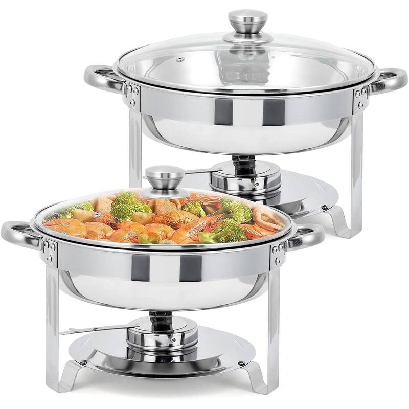 5 Qt Round Stainless Steel Chafer Set with Glass Lids - 2 Pcs