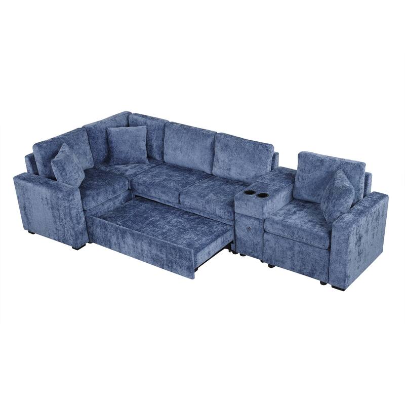 120.5" Chenille L-Shaped Convertible Sofa Bed with Pull-Out Bed, Storage Ottoman & Cup Holders