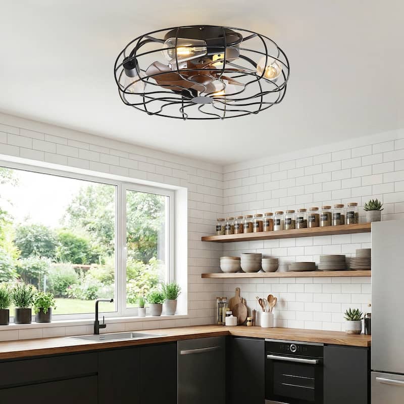 18.5"/23.6" Farmhouse Industrial Enclosed Caged Ceiling Fan with Light & Remote