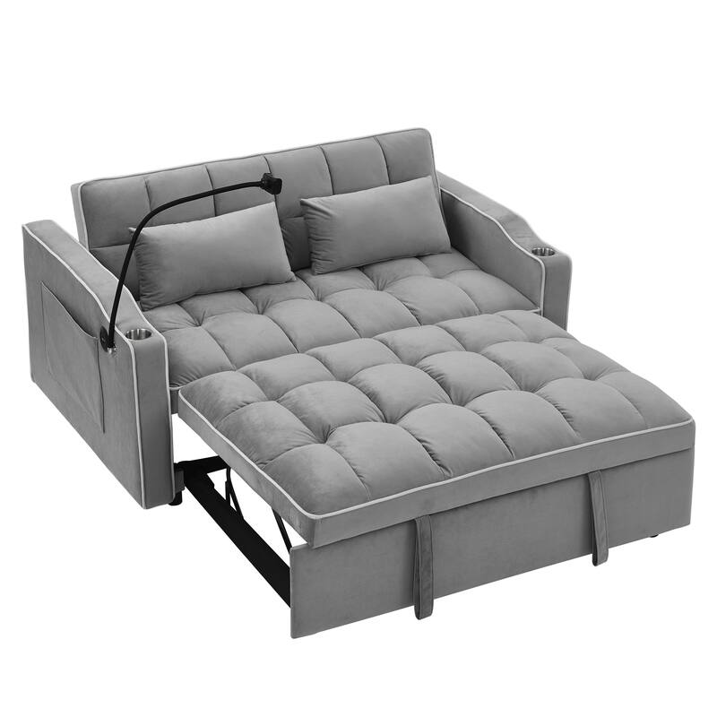 Modern Sofa Velvet Pull-out Bed, Adjustable Back and with USB Port