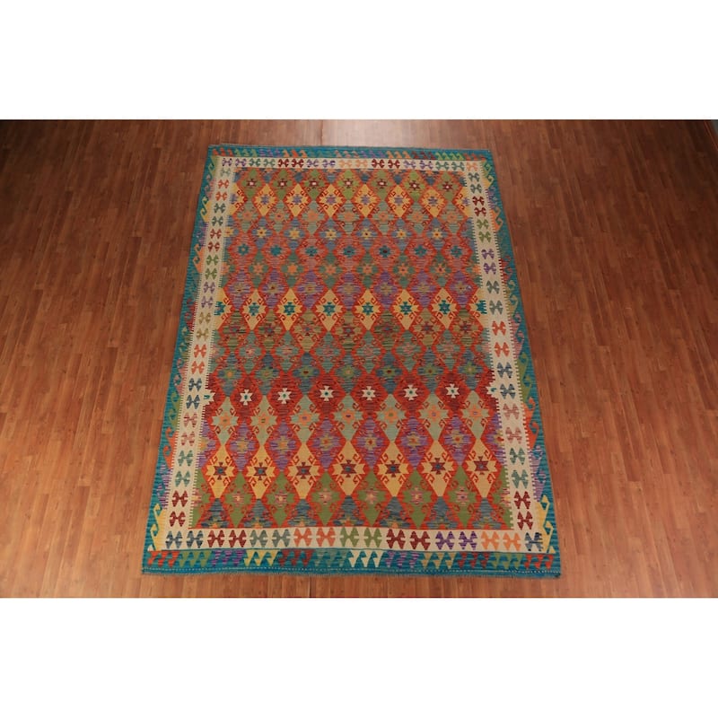 All-Over Geometric Kilim Area Rug Hand-Woven Oriental Wool Carpet - 8'4"x 11'7"
