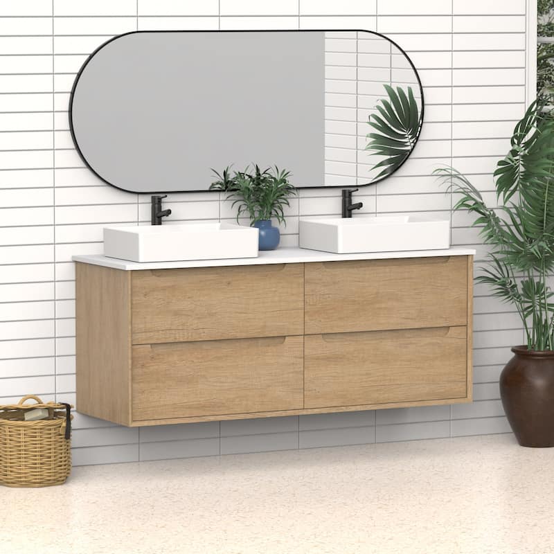 60" Solid Wood Bathroom Vanity with White Quartz Countertop Ceramic Vessel Sink