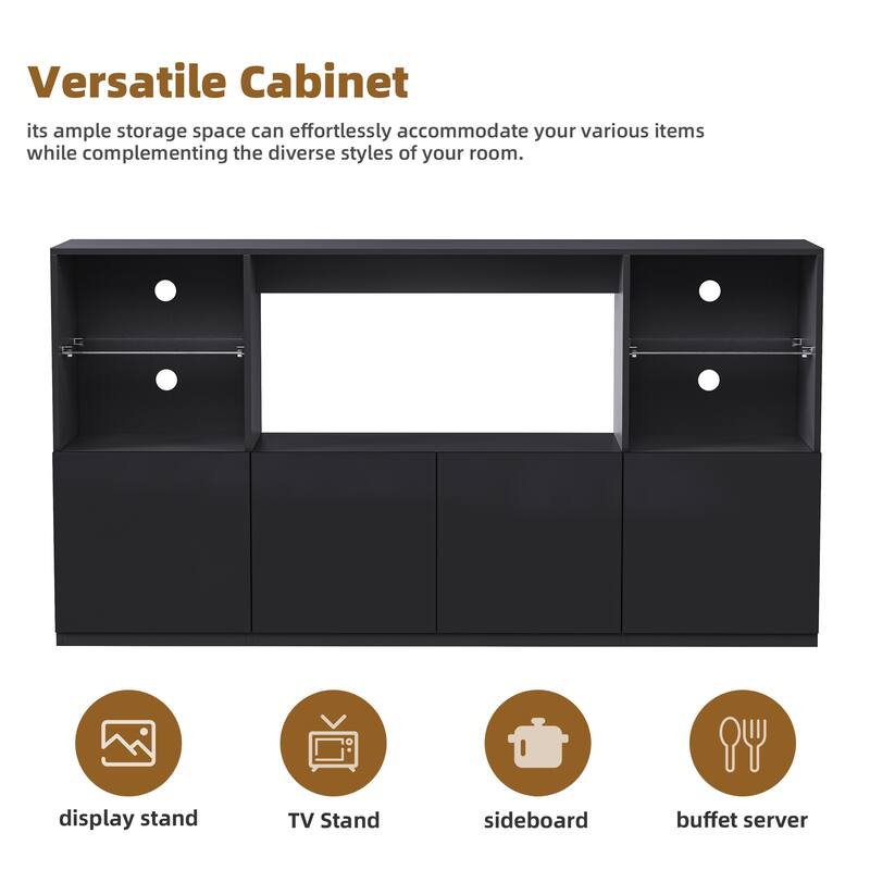 67" High Gloss TV Stand for Living Room, LED Smart Control Media Console with Large Storage Cabinet, Tempered Glass Shelves