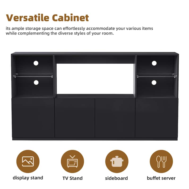 Black 67" TV Stand with LED, Large Cabinet & Tempered Glass Shelves for TVs Up to 75"