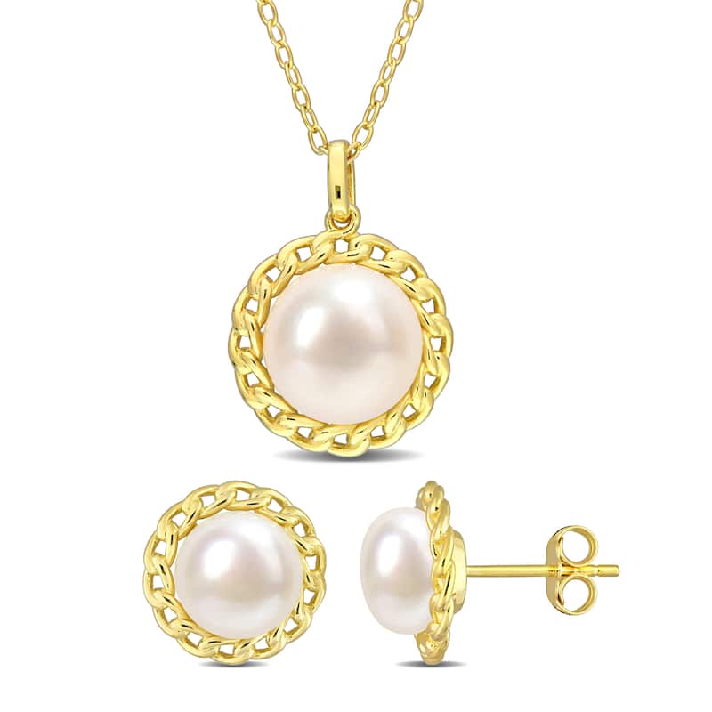 Miadora 8 - 9.5 Mm White Freshwater Cultured Pearl Fashion Earrings & Pendant Set With Chain Yellow Silver