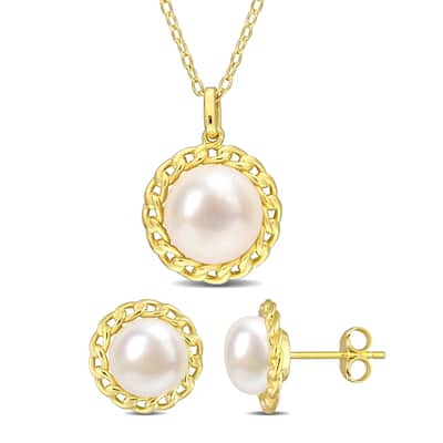 Miadora 8 - 9.5 Mm White Freshwater Cultured Pearl Fashion Earrings & Pendant Set With Chain Yellow Silver
