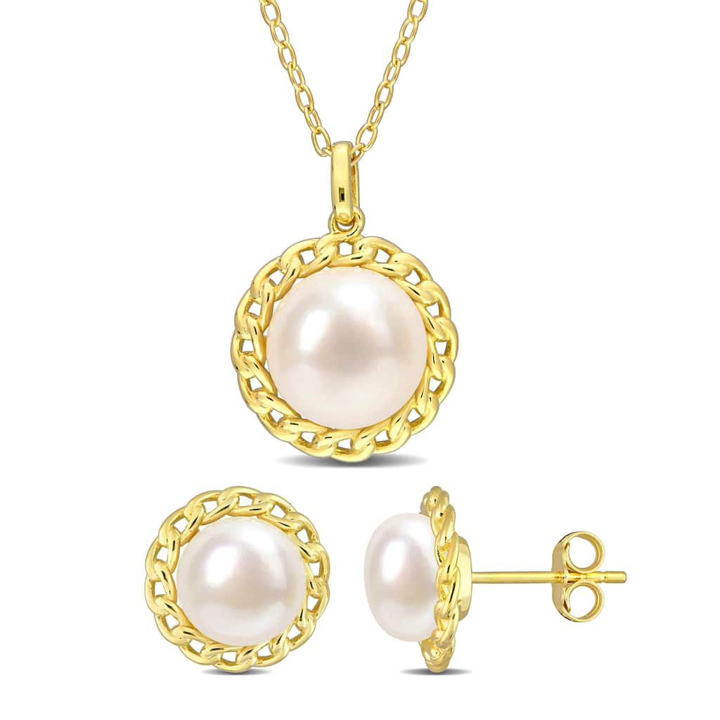 Miadora 8 - 9.5 Mm White Freshwater Cultured Pearl Fashion Earrings & Pendant Set With Chain Yellow Silver