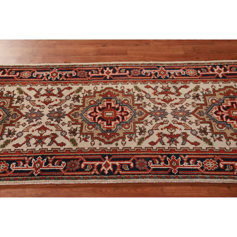 Hand Knotted Oriental 100% Wool Carpet Traditional Geometric Beige & Ivories Heriz (serapi) Runner Rug - 8' 0'' X 2' 7''