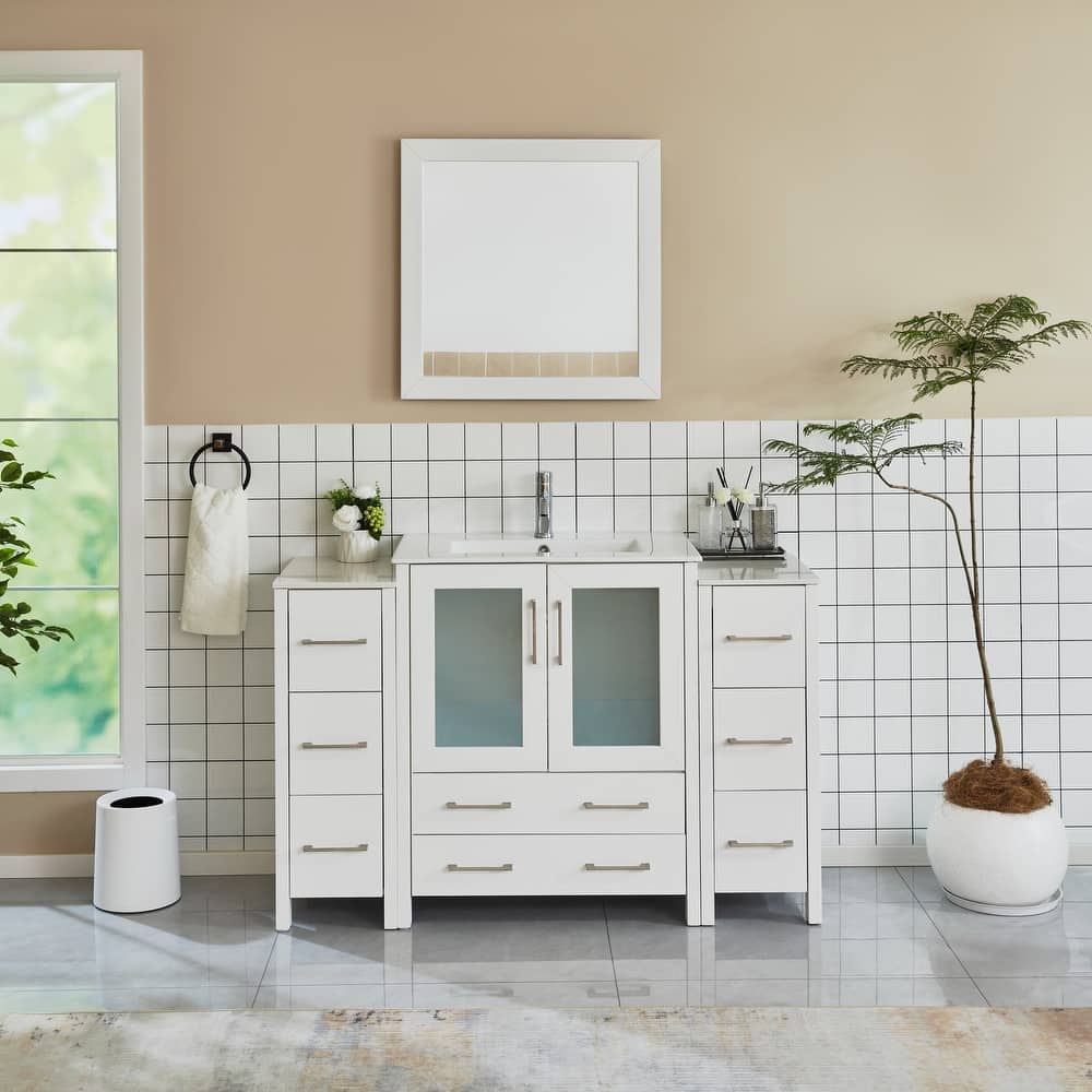 Vanity Art 54 Inch Single Sink Bathroom Vanity Set 8 Dove-Tailed Drawers 3 Cabinets 1 Shelf, Soft-Closing Doors with Free Mirror
