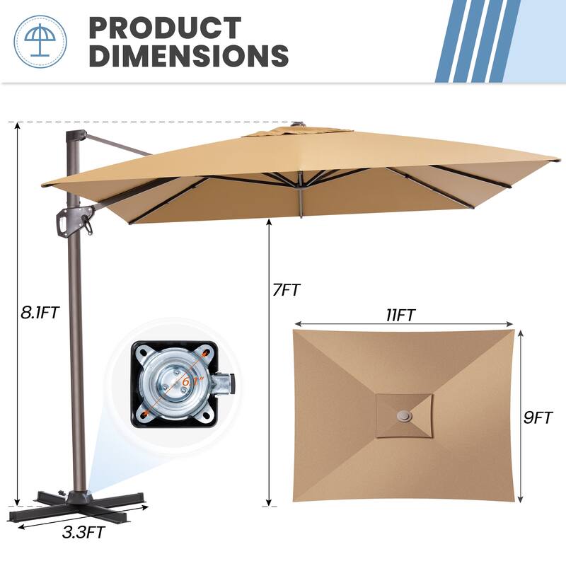 11 x 9 FT Outdoor Patio Cantilever Offset Rectangle Umbrella