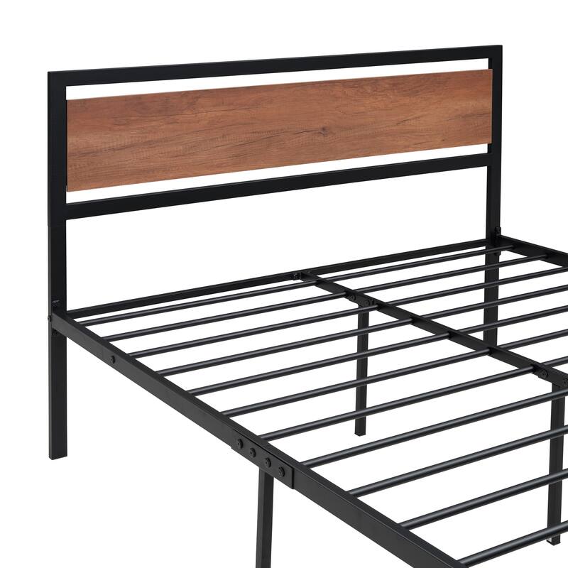 Full Size Platform Bed, Metal and Wood Bed Frame with Headboard and