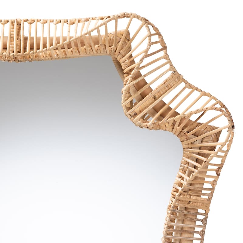 Yusra Natural Rattan Wall Mirror - Handwoven Wicker Frame with Freeform Silhouette, Coastal Boho Wall Décor - Natural Brown